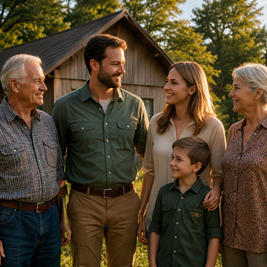 Familie mehrerer Generationen vor einem Bauernhof im Oberland