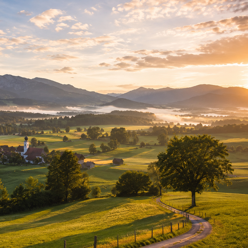 Oberland-Landschaft mit Wiesen, Wald und weitem Blick