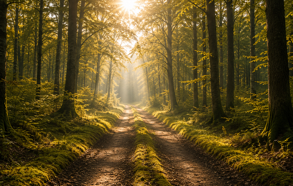 Waldweg im Morgenlicht als Symbol für Verantwortung und Rückbau