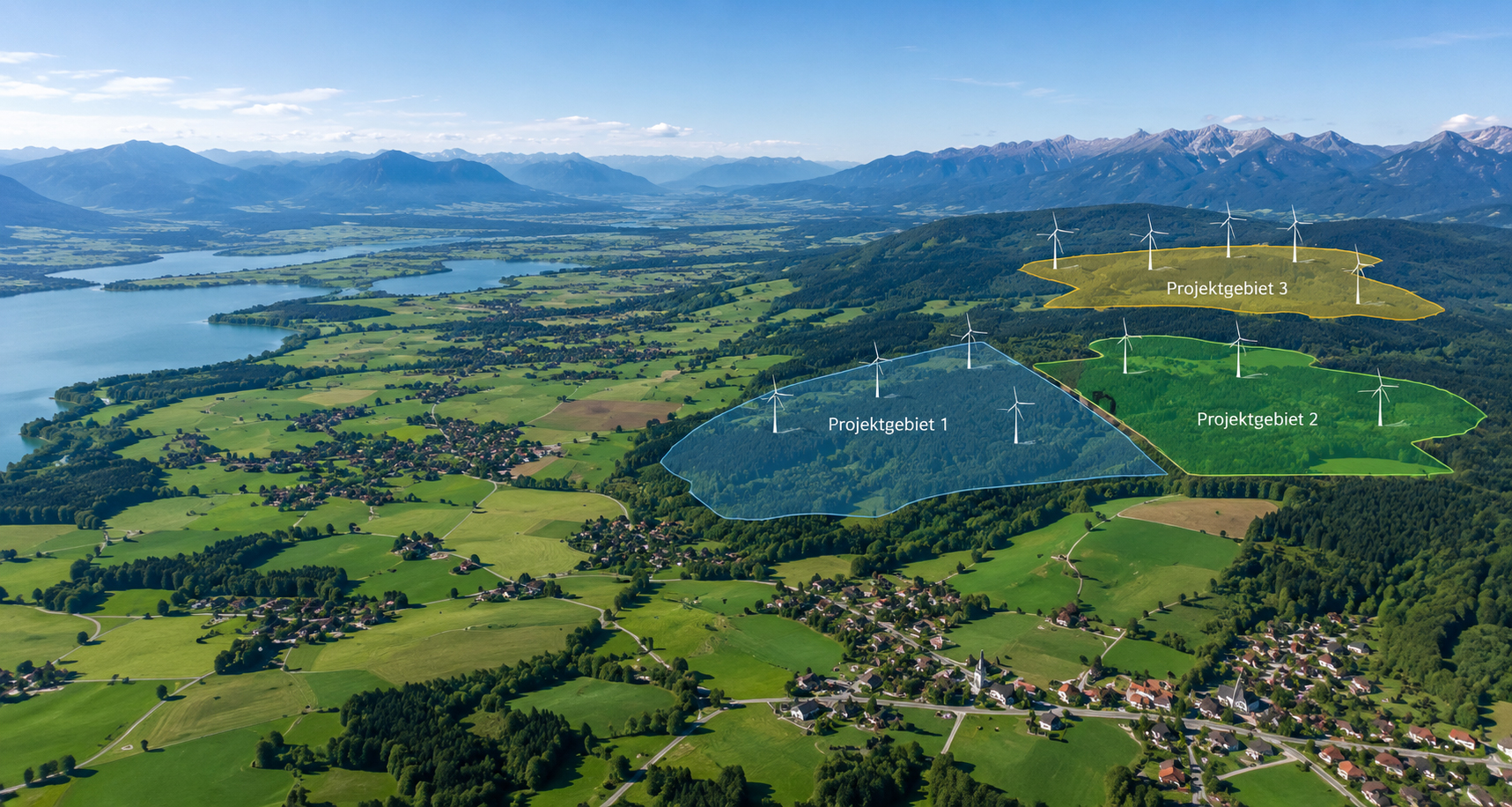 Luftaufnahme mit eingezeichneten Projektgebieten