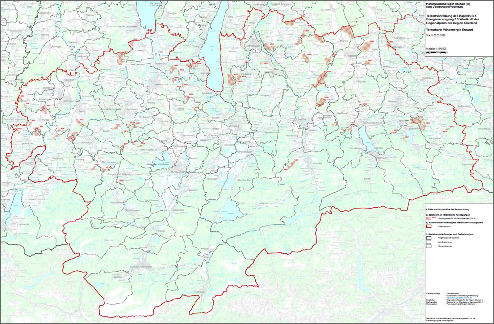 Übersicht der vorgesehenen Vorranggebiete für Windenergie in der Region Oberland